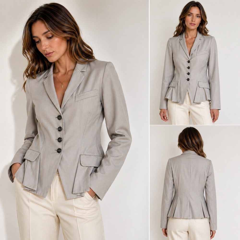 Valentino Blazer Womens 4 Taupe Grey Tailored Peplum Cotton Made in Italy Jacket